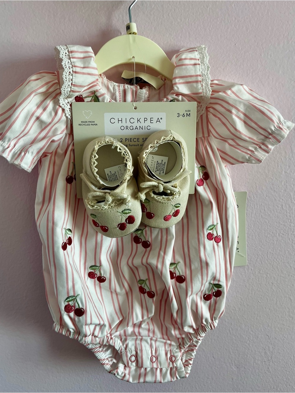 chick pea Pink & White Striped Cherry Embroidered Baby Bubble Romper